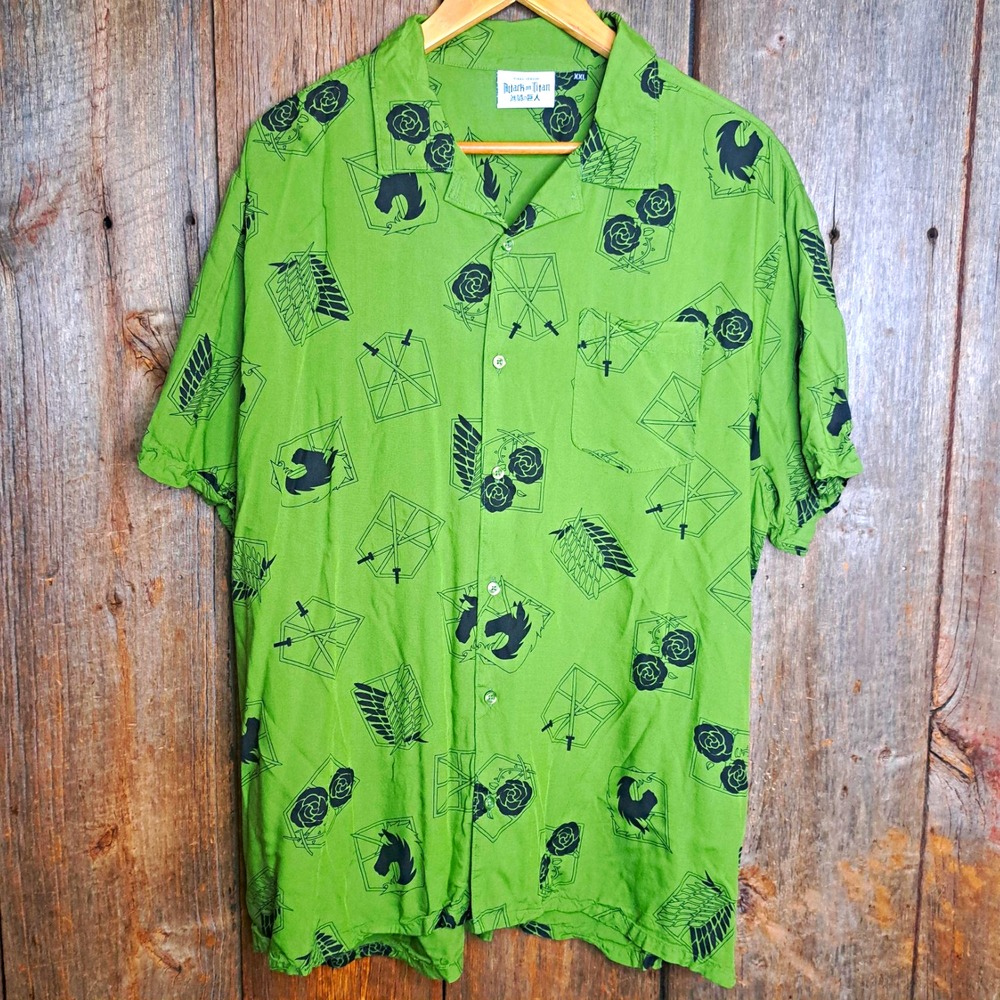 Manga Style Goblincore Attack on Titan Green Graphic Button-Up Shirt Men's 2XL